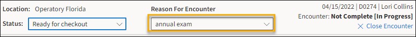 Reason for Encounter with a yellow highlight box around the drop-down menu.